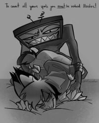 2boys alastor_(hazbin_hotel) animal_ears animal_tail antennae_(anatomy) ass_up black_and_white blush blush_lines bottomless face_down_ass_up from_behind gay hazbin_hotel looking_back male monochrome naked nude rizzabon sharp_teeth sketch smiling tv_head vox_(hazbin_hotel) yaoi