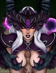 1girls 3boys angry angry_face assisted_titfuck breast_grab breast_squeeze dubious_consent horn_grab kneeling league_of_legends looking_at_viewer looking_up mabziki male penis purple_eyes runny_makeup runny_mascara shadow syndra tattoo tittyfuck white_hair zed