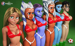 3d 6+girls 6girls aayla_secura ahsoka_tano alien alien_girl arcadonna artist_name bald bare_shoulders big_breasts bikini bikini_bottom bikini_top black_hair blonde_hair blue-skinned_female blue_eyes blue_skin busty cleavage clone_wars crossover curvy detailed_background disney disney_princess disney_xd english_text eyelashes female female_only football footwear freckles front_view green_eyes green_footwear green_legwear green_stockings group headgear hourglass_figure human humanoid jedi jedi_master jedi_padawan kondaspeter legwear lipstick long_hair looking_at_viewer looking_up lucasfilm makeup mammal marking midriff multiple_females multiple_girls orange_skin pantoran pink_lipstick pose posing purple_lips rapunzel riyo_chuchi shadow shiny shiny_skin short_hair standing star_wars star_wars_rebels stockings swimsuit take_your_pick tangled text thong tied_hair togruta twi'lek twintails uefa_euro_2016 voluptuous wide_hips yellow_eyes yellow_hair