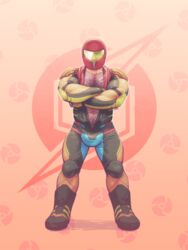 1boy 2017 bara crossed_arms genderswap_(ftm) gradient_background hairy hairy_chest helmet human leoleus male male_focus male_only metroid metroid_prime muscle nintendo open_shirt orange_background rule_63 samus_aran solo solo_male super_metroid super_nintendo super_smash_bros. uniform video_games