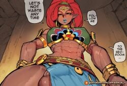 abs ai_generated amadeus_v armlet athletic_gynomorph blue_lips bracelet breasts bulge circlet clothed clothing dark-skinned_female dark_skin dialogue earrings english_text female flaccid from_below futa_on_female futanari genitals gerudo green_eyes gynomorph hair hoop_earrings intersex jewelry large_breasts link lipstick long_hair looking_at_viewer looking_down low-angle_view makeup midriff muscular muscular_female nipple_outline patreon_username penis pointy_ears red_hair rule_63 solo speech_bubble tagme testicles text the_legend_of_zelda urbosa