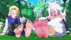 2girls 3d 3d_animation accurate_art_style android_18 android_21 animated animated_gif barefoot blonde_hair cel_shading clothed cyborg cyborg_girl doopysart_(artist) dragon_ball dragon_ball_fighterz feet female female_only foot_fetish foot_focus gesture gif grass handjob_gesture jerk_off_instructions joi legs long_hair loop majin_android_21 official_style pants pink_body pink_skin sitting smell soles steam sweat sweaty sweaty_feet tagme toes toes_scrunch white_hair