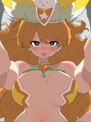 :d all_fours aroused blush corrupted_twitter_file from_below heart-shaped_pupils huge_breasts in_heat kai_(battle_cats) looking_at_viewer naughty_face nyanko_daisensou open_mouth pinning_down pov smile sweat the_battle_cats triangle_mouth