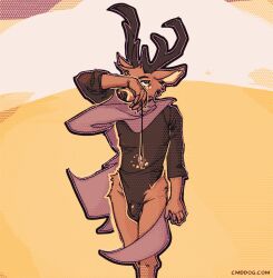 2026 anthro antlers biped brown_body brown_fur bulge clothing crystal deer detailed_bulge digital_media_(artwork) fur genital_outline hi_res holding_object holding_pendulum horn lawyerdog leotard male mammal panko_(lawyerdog) pendulum penis_outline scarf solo