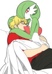 artist_request blonde_hair blonde_male blush clothing gardevoir interspecies legs_together oc original_character pokemon pokemon_(species) pokemon_focus self_insert short_hair smile wholesome