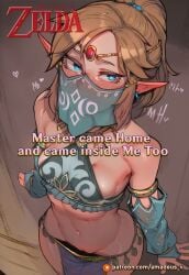 ai_generated amadeus_v bare_shoulders blonde_hair blue_eyes blush breasts breath_of_the_wild bridal_gauntlets brown_hair circlet clothed clothing crossdressing detached_sleeves earrings english_text futa_on_female futanari hair hylian jewelry link link_(breath_of_the_wild) looking_at_viewer male male_focus mouth_veil navel nintendo otoko_no_ko patreon_logo patreon_username pelvic_curtain pointy_ears rule_63 solo stomach tagme text the_legend_of_zelda the_legend_of_zelda:_breath_of_the_wild urbosa veil