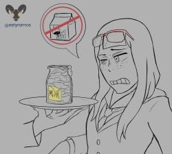 cum cum_in_jar cum_jar eizouken_ni_wa_te_wo_dasu_na! freckles freckles_on_face glasses jar_of_cum kanamori_sayaka milk no_color plate satyramos school_uniform schoolgirl sperm surprised_expression text_box