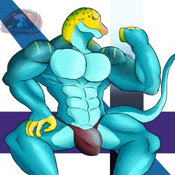 1boy 2018 5_fingers abs anthro biceps blue_scales bulge clothed clothing collared_lizard daikuhiroshiama digital_media_(artwork) flaccid flexing green_eyes humanoid_penis lizard looking_at_viewer male male_only monroe_(monroethelizard) muscular muscular_male pecs penis presenting reptile scales scalie simple_background sitting smile solo speedo swimsuit yellow_scales