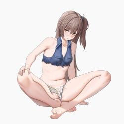 1girls accidental_exposure akkuon armpit_crease bar_censor barefoot brown_hair censor_bar censored female female_only flashing flashing_pussy flat_chest girls'_frontline girls'_frontline_2:_exilium groin leva_(girls'_frontline_2) long_hair looking_away navel pussy pussy_peek scar scar_on_face shirt shorts side_ponytail sitting small_breasts ump45_(girls'_frontline) wardrobe_malfunction yellow_eyes