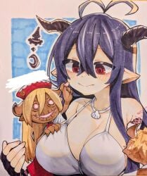 2others antenna_hair bandaged_arm bandages bare_shoulders black_hair breasts commentary_request crescent danua doll draph dress female fingerless_gloves gloves granblue_fantasy gretel_(granblue_fantasy) hansel_(granblue_fantasy) highres horn_ornament horns jewelry kouji_(kozi_master) large_breasts multiple_others necklace pointy_ears red_eyes smile upper_body white_dress