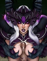 1girls 3boys angry angry_face assisted_titfuck breast_grab breast_squeeze cum dubious_consent facial horn_grab kneeling league_of_legends looking_at_viewer looking_up mabziki male penis purple_eyes runny_makeup runny_mascara shadow syndra tattoo tittyfuck white_hair zed