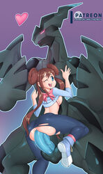 1boy 1girls ass black_skin blue_eyes blue_penis blue_skin bra breasts breasts_out brown_hair dragon eyelashes female heart huge_penis human interspecies large_testicles male nauth nauth_le_roy nintendo pantyhose pink_eyes pink_sclera pokemon pokemon_bw2 pokephilia purple_background rosa_(pokemon) scalie sex shirt shoes size_difference smile spread_legs standing straight text thick_thighs torn_clothes torn_pantyhose twintails url veins veiny_penis watermark wince zekrom