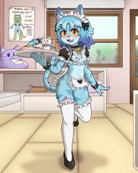 4:5 anthro bell blue_body blue_fur blue_hair blush breasts clothing collar domestic_cat exhibitionism exposed_breasts exposed_pussy felid feline felis female fur genitals hair legwear looking_at_viewer lyn_(mintybeans) maid maid_headdress maid_uniform mammal mintybeans nipples on_one_leg pink_nipples practically_nude pussy solo standing stockings tail tongue uniform useless_clothing vulva yellow_eyes