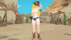 1girls casual cowgirl_hat female firearm half-dressed half_naked half_naked_female handgun handwear human long_hair long_hair_female nonsexual nonsexual_nudity pale_skin pose posing revolver rwby short_shorts solo_female theblackbirdcalls weapon yang_xiao_long