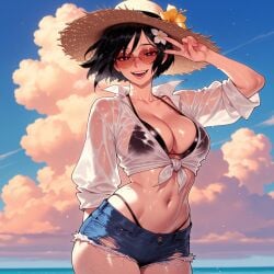 1girls ada_wong ai_generated arm_behind_back balecxi beach bikini bikini_under_clothes black_bikini black_eyes black_hair blue_shorts blue_sky blush breasts cleavage clothing cloud cloudy_sky collarbone curvaceous curvaceous_female curvaceous_figure curvy curvy_figure cutoffs day denim denim_shorts eyewear fangs female female_focus female_only flower front-tie_top hair_flower hair_ornament hat hat_flower headwear highleg highleg_bikini inviting large_breasts lips looking_at_viewer midriff navel ocean open_mouth orange-tinted_eyewear outdoors presenting presenting_ass presenting_breasts presenting_hindquarters presenting_self red-tinted_eyewear resident_evil resident_evil_2 resident_evil_2_remake resident_evil_4 resident_evil_4_remake seductive seductive_look seductive_smile see-through see-through_shirt shirt short_hair short_shorts shorts sky sleeves_rolled_up smile solo standing stomach straw_hat sun_hat sunglasses swimsuit symbol-shaped_pupils teeth thighs tied_shirt tinted_eyewear torn_clothes v voluptuous voluptuous_female water wet wet_clothes wet_shirt white_shirt