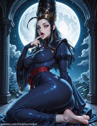ahoge ai_generated ass backdoorsenpai barefoot big_ass black_hair blue_dress blue_eyes breasts conical_hat curvy egao elden_ring female fromsoftware gold_crown high_collar highres jeweled_hat licking licking_finger lipstick long_dress long_sleeves looking_at_viewer masterpiece medium_breasts no_panties open_mouth pale_skin perky_breasts pointy_hat purple_brooch red_lips red_sash rennala_queen_of_the_full_moon sleeves_past_wrists tall_hat thick_thighs thighs tongue tongue_out ultra-detailed wide_hips wide_sleeves