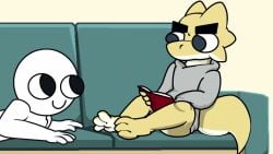 2boys animated anthro blush blush_lines book bottomless close-up clothed clothing coin coin_in_slit cuntboy dancing duo eyebrows furniture gay genital_close-up grey_clothing grey_hoodie grey_topwear hoodie hoodie_only human humor kobold long_playtime lying lying_on_sofa male male/male male_only mammal music object_in_slit on_sofa phonk prank reading reading_book scales scalie shitpost simple_background slit_close-up slit_play sofa song sound sound_warning tagme tail thick_eyebrows thick_tail topwear topwear_only ttyarus vibrating video yellow_background yellow_body yellow_scales