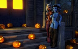 2015 2girls 3d aayla_secura ahsoka_tano alien alien_girl artist_name balcony bald bare_shoulders big_breasts blue_eyes blue_skin boots breasts busty cleavage clone_wars curvy detailed_background duo erect_nipple erect_nipples eyelashes female female_only front_view halloween hand_on_hip hands_on_hip hands_on_hips high_heel_boots high_heels hourglass_figure humanoid jedi jedi_master kondaspeter looking_at_viewer mammal marking multiple_females multiple_girls naked naked_boots naked_footwear night nude orange_skin outdoor outside pose posing purple_lips shadow shaved_pussy shiny shiny_skin stairs standing star_wars star_wars_rebels togruta twi'lek voluptuous wide_hips yellow_eyes