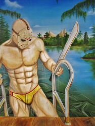 bulge flaccid friday_the_13th horror jason_voorhees machete male male_only slasher solo swimsuit