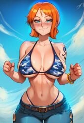 ai ai_assisted ai_generated big_breasts bikini bikini_top female female_only jeans nami_(one_piece) one_piece orange_hair prussia123 request sexy_body sexy_female short_hair solo solo_female solo_focus waifu