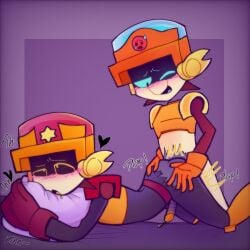 keyimeli brawl_stars larry_(brawl_stars) lawrie_(brawl_stars) yaoi incest gay robot robot_boy twins robot_penis spanish_text male/male brothers brother/brother twink doggy_style pillow on_bed precum oil_cum heart_symbol ahegao younger_penetrating_older