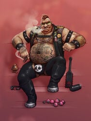 1boy 2018 anthrofied bara boots bowser bulge clothing facial_hair full_body goomba hairy human humanized leather leoleus makeup male male_focus male_only mario_(series) muscle nintendo paddle partially_clothed red_background red_hair sex_toy simple_background sitting skull_and_crossbones smoking solo stairs super_mario_bros. super_smash_bros. tattoo underwear