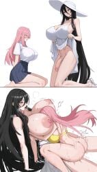 1futa 1girls arm_support ass black_hair blush breasts breath choker comic dress dress_lift evil_rat female futa_on_female futanari hair_between_eyes hasshaku-sama head_between_breasts height_difference highres huge_breasts impossible_clothes impossible_dress impossible_shirt long_hair nipples original penis pink_hair skirt straddling sundress urban_legend vaginal_penetration veins very_long_hair white_dress