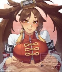 1boy artist_name blush breasts breasts_squeezed_together brown_eyes brown_hair commentary crop_top earrings english_commentary female guilty_gear guilty_gear_strive hair_rings heart highres huge_breasts isabongos jewelry kuradoberi_jam looking_at_viewer paizuri paizuri_under_clothes penis penis_peek plap pov pov_crotch single_hair_ring smile solo_focus sound_effects tassel tassel_earrings textless_version twintails twitter_username underboob watermark zipper zipper_pull_tab