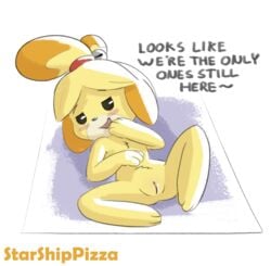 animal_crossing anthro blush canine dialogue english_text female fur furry furry_only isabelle_(animal_crossing) looking_at_viewer mammal naked nintendo nude open_mouth presenting presenting_pussy pussy solo spreading starshippizza text video_games