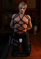 1boy 3d 3d_(artwork) bondage bulge bulge_through_clothing captain_bsaa kneeling leon_scott_kennedy male male_only no_visible_genitalia resident_evil shibari_over_clothes shirtless solo solo_male tagme unzipped_pants white_underwear