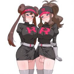 2futas baseball_cap belt blue_eyes blush brown_hair bulge_under_clothes cosplay evil_rat futa_with_futa futanari gloves hat highres hilda_(pokemon) long_hair miniskirt multiple_futa pokemon pokemon_bw pokemon_bw2 ponytail rosa_(pokemon) sidelocks simple_background skirt sweatdrop team_rocket team_rocket_uniform thighhighs twintails uniform visor_cap white_background