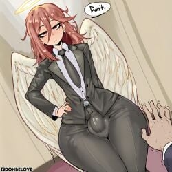 2boys ai_generated angel angel_devil_(chainsaw_man) angel_wings black_jacket black_necktie black_pants blush brown_hair bulge business_suit collared_shirt donbeboys english_text erection_under_clothes feathered_wings formal hair_between_eyes halo hand_on_own_hip hayakawa_aki imminent_anal imminent_oral imminent_penetration imminent_rape imminent_sex jacket long_hair looking_at_viewer male_focus multiple_boys necktie otoko_no_ko pants pov shirt solo_focus speech_bubble suit thick_thighs white_shirt white_wings wide_hips wings yaoi