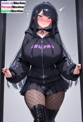 ai_generated anime_style aroused_expression black_boots black_hair black_hoodie bliss4kiss body_sweat choker close_up_thighs curvaceous_figure cute_expression detailed_anatomy detailed_background detailed_skin_texture dripping_sweat dynamic_pose embarrassed_blush erotic_art explicit_anime explicit_nudity fantasy_art fishnet_thighhighs flushed_cheeks futanari glossy_finish gray_background hands_on_door hentai_style high_quality_art highres indoor_scene intimate_pose kuro_(bliss4kiss) large_breasts long_hair male_character nsfw_anime nsfw_content perfect_proportions playful_blush pleated_skirt provocative_pose purple_eyes realistic_shading seductive_pose sexy_pose shy_pose skirt_lift sleek_body soft_lighting solo standing_pose subtle_blush sultry_expression sweat vibrant_colors voluptuous_figure wet zip_up_hoodie