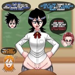 4girls arisawa_tatsuki bleach bleach:_the_thousand-year_blood_war bodywriting breasts chizuru_kagura clitoris do_you_want_to_pet_my_cat_(meme) female female_only hairless_pussy honshou_chizuru inoue_orihime kuchiki_rukia light-skinned_female marker no_panties overnsfw pussy_juice shaved_pussy small_breasts tatsuki_arisawa text_bubble vagina