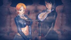 arcee80 breasts captured chained_together chains female koikatsu male multiple_girls multiple_males multiple_penises nami_(one_piece) nico_robin one_piece penis skirt slave slave_collar surrounded_by_men
