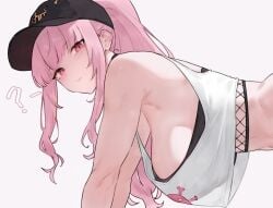 1girl armpit baseball_cap big_breasts bluefield blush fishnet_topwear hanging_breasts hololive hololive_english large_breasts looking_at_viewer mori_calliope pink_eyes pink_hair sideboob solo_female virtual_youtuber vtuber white_camisole