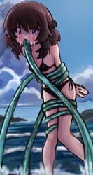 absurdres arms_behind_back bare_shoulders bikini black_bikini black_scrunchie blue_sky blush bob_cut bound bound_arms bound_legs bound_thighs bound_torso breasts brown_hair cloud commission constricted_pupils crying cumulonimbus_cloud day embarrassed english_commentary female hair_between_eyes highres knees_together_feet_apart lifting_person medium_hair mountainous_horizon ocean oral original outdoors partially_submerged purple_eyes raised_eyebrows restrained scrunchie side-tie_bikini_bottom sky slime_(substance) small_breasts solo splashing streaming_tears surprised swimsuit tears tentacle tentacle_in_mouth tentacle_sex toko_(talesofkousoku) two_side_up