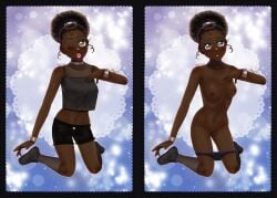 afro afro_hair afro_puff black_female black_woman blush bracelets bush choker coily_hair colored_sketch crop_top curly_hair ebony ebony_female gijinka hand_on_chest humanization humanized_object inanimate_insanity knee_high_socks knee_highs kneeling metal_choker metal_hairband microphone_(ii) object_humanization object_show object_shows panties panties_down pubic_hair sheer shoes shorts sneakers socks thighs wink winking winking_at_viewer