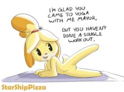 animal_crossing anthro canine dialogue english_text female fur furry furry_only isabelle_(animal_crossing) mammal naked nintendo nude open_mouth pussy solo starshippizza tail text video_games