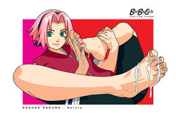 barbacock cum cum_between_toes cum_on_feet feet foot_fetish foot_focus footjob green_eyes naruto pink_hair sakura_haruno soles toes