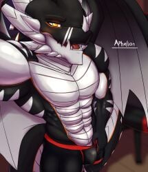 anthro aphelion(apheliondragon) apheliondragon black_body bulge clothing dragon european_mythology hi_res inside male male/male muscular mythological_creature mythological_scalie mythology orange_eyes perspective scalie solo standing underwear western_dragon wings