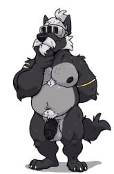 adastra adastra_(series) anthro balls black_body black_fur black_nose body_hair canid canine canis cato_(adastra) chest_hair covered_eyes echo_project fur genitals hi_res male mammal nipples paws penis pubes saiterfroha scar solo tail vein visor visor_helmet wolf