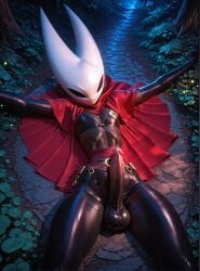 1boy ai ai_generated anthro cloak cock diffusion femboy forest girly glossy hi_res hornet hornet_(hollow_knight) huge insects lying male mask penis red_cloak red_clothing red_topwear solo stable