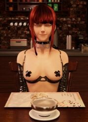 3d blender_(software) blender_cycles breasts chainsaw_man looking_at_viewer makima_(chainsaw_man) public public_exposure public_nudity red_hair smile smiling tea tea_cup