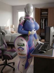 3d 3d_(artwork) bedroom bedroom_background big_ass big_breasts clothing computer curvy d.va_(cosplay) haydee haydee_(game) overwatch overwatch_2 skin_tight sularetal