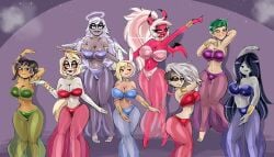8girls adventure_time adventure_time:_fionna_&_cake amphibia amphibia_(finale) arms_up belly_dancer belly_dancer_outfit big_breasts bitterbunz black_eyes black_eyeshadow black_hair black_lips black_lipstick blonde_hair blue_bra blue_eyes blush blushing bracelet bracelets breasts breasts_out brown_body brown_eyes brown_hair brown_skin cartoon_network charlie_morningstar_(hazbin_hotel) cleavage commission crossover demon demon_girl disney disney_channel ear_piercing emily_(hazbin_hotel) emira_blight female female_only fionna_the_human_girl green_bra green_hair grey_body grey_hair grey_lips grey_nipples grey_skin halo hand_behind_head harem harem_outfit hazbin_hotel headwear helluva_boss human_loona long_hair looking_at_viewer loona_(helluva_boss) marceline marcy_wu multiple_girls nipple_peek nude_female orange_eyes pink_body pink_bra pink_eyes pink_skin purple_background purple_bra purple_eyes purple_hair rabbit_ears red_bra red_eyes seductive_eyes seductive_look seductive_pose seductive_smile shaved_side short_hair smile smiling smiling_at_viewer the_owl_house thick_thighs thighs vampire vampire_girl verosika_mayday_(helluva_boss) vivienne_medrano vivziepop weird_crossover white_body white_skin wide_hips wings yellow_eyes