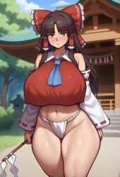 1girls 2d :< absurd_res absurdres ai_generated ascot bare_shoulders belly_button black_hair blue_ascot breasts brown_eyes clothed clothed_female cowboy_shot crop_top day detached_sleeves female fundoshi gohei gradm hair_tubes hairbow hakurei_reimu huge_breasts light_blush long_hair looking_at_viewer midriff mostly_clothed mostly_clothed_female navel no_pants outdoors pixai pout red_bow red_topwear reimu_hakurei self_upload shrine shrine_maiden soft_abs solo standing thick_thighs thighs touhou