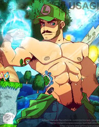 1boy clothing hat luigi male male_focus male_only mario_(series) nintendo nipples outdoors solo standing super_mario_bros. tattoo usagi_(artist)