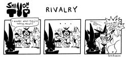4boys adventurer_(small_on_top) anthro big_sub bird clothing dialogue english_text fur furry furry_only gay gay_male inviting lace_(small_on_top) looking_at_another male male_only muscular muscular_male rabbit rivalry sex shark small_dom_big_sub small_top_big_bottom spedumon standing talking_to_another text wolf wulfrick yaoi