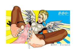 barbacock blonde_hair blue_nail_polish blue_nails cum cum_on_feet feet foot_fetish foot_focus footjob footjob_with_legwear mercy nail_polish overwatch painted_nails toes